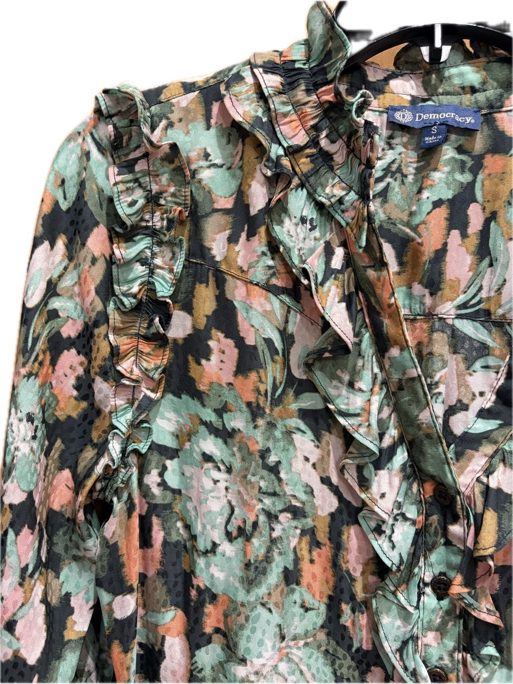 Democracy Floral Ruffle V-Neck Blouse S - Picture 5 of 14